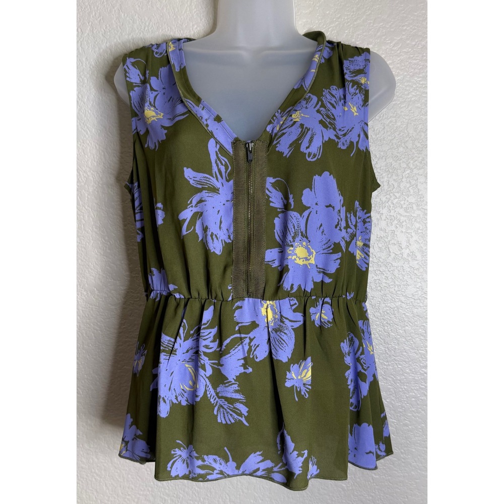 Cabi 4184 Womens Small Celebrity Floral V Nck Peplum Top Olive Green Purple Chic